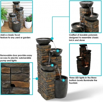 Outdoor Water Fountain -Staggered Pottery Bowls - LED Lights