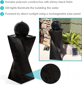 Black Ball Solar with Battery Backup Outdoor Water Fountain